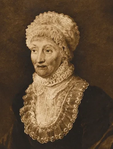 Portrait of Caroline Herschel in older age, wearing gathered lace cap and collars.